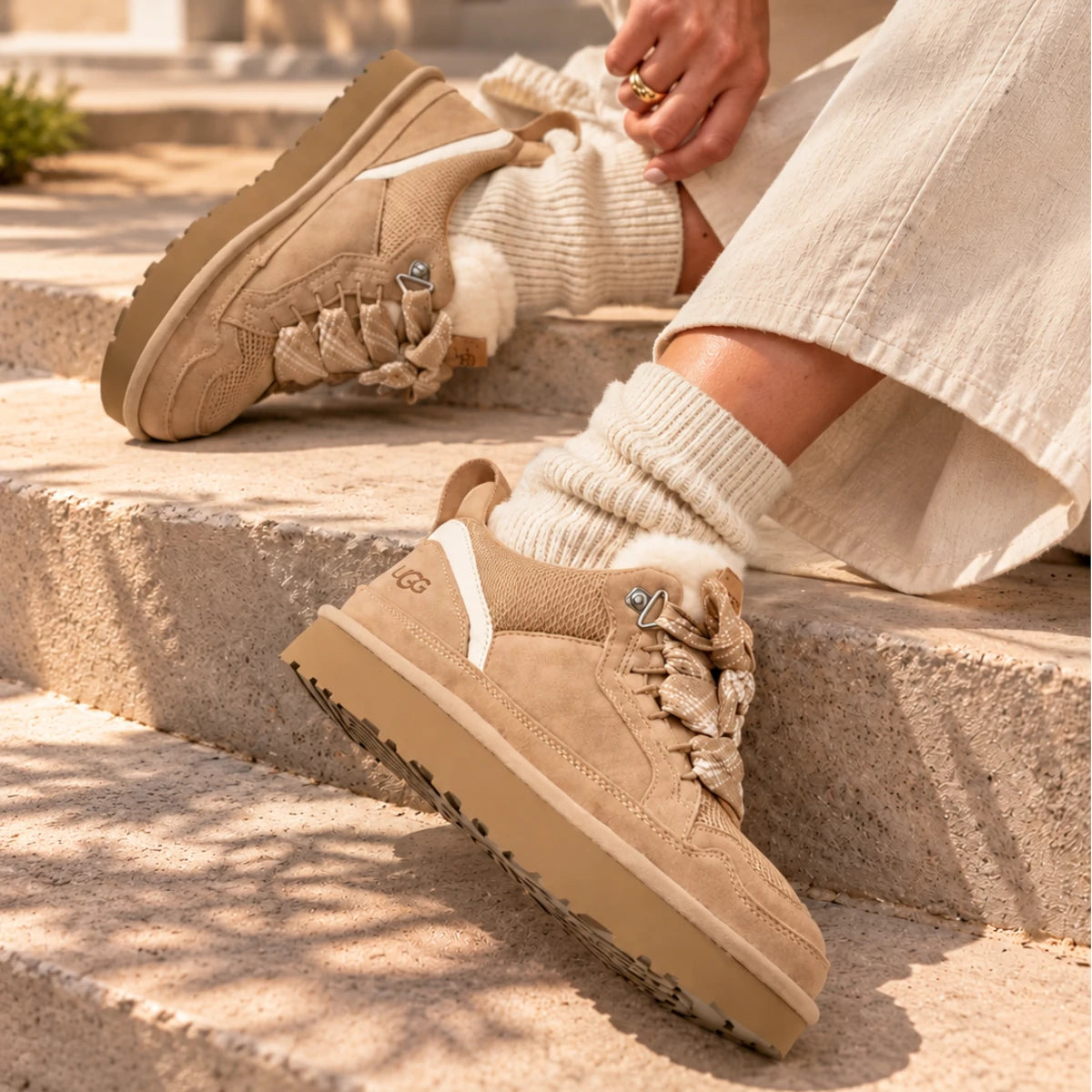 Sneakersy na zimę ugg damskie bezowe sand na nogach